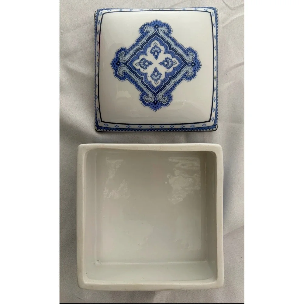 Vera Bradley Nantucket Trinket Box Andrea by Sadek Blue White Ceramic Square